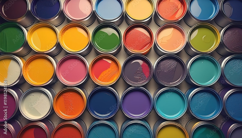 Vibrant Paint Cans Arranged Artistically Against a Rustic Backdrop, Showcasing a Rainbow of Hues in Perfect Harmony. Vibrant Paint Cans Arranged Artistically Against a Rustic Backdrop, Showcasing a Rainbow of Hues in Perfect Harmony.