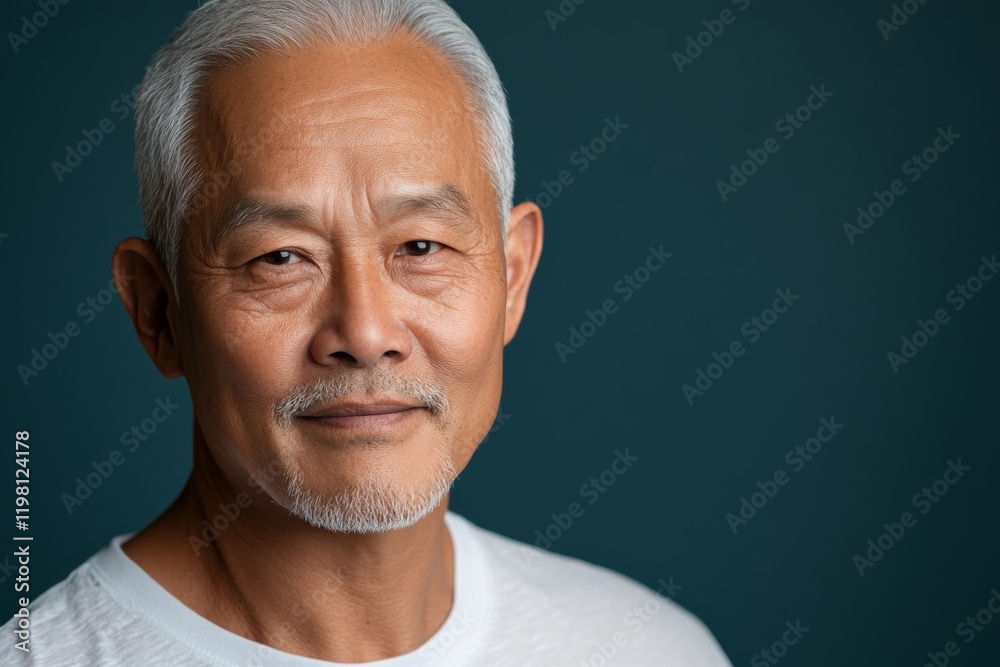 Fototapeta premium Older man with gray hair and beard smiling softly against a dark blue background