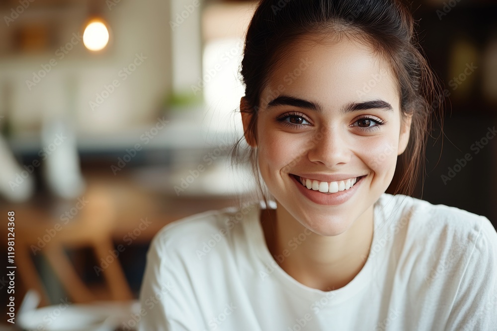 Smiling young woman enjoys a joyful moment in a cozy and bright cafe setting during the afternoon Smiling young woman enjoys a joyful moment in a cozy and bright cafe setting during the afternoon
