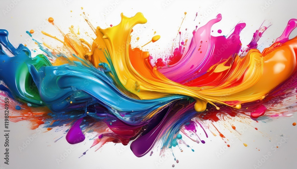 Fototapeta premium Vibrant Artistic Expression Colorful Paint Splatters Energetically Populating a White Background, Showcasing Playful Creativity and Spontaneity