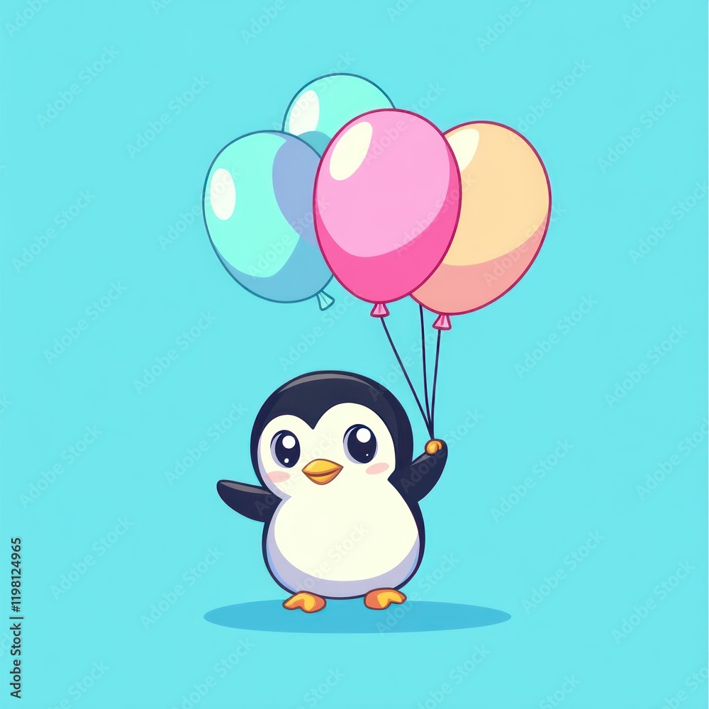 Cartoon penguin holds three balloons on a solid blue background, for kids? content