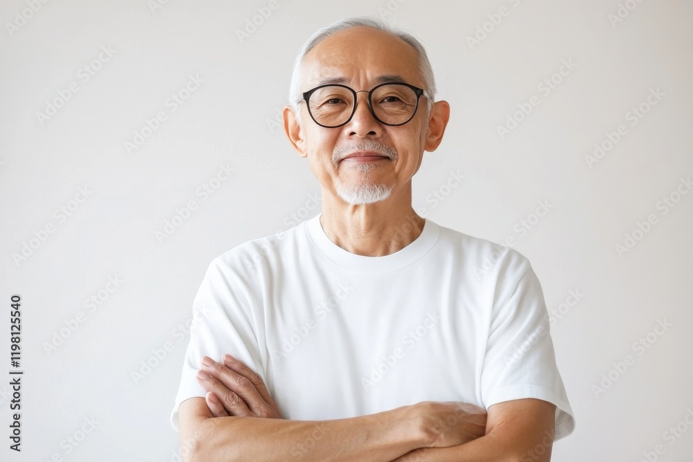 Senior man with glasses looking confidently at the camera, standing with arms crossed in a bright, minimalist space Senior man with glasses looking confidently at the camera, standing with arms crossed in a bright, minimalist space