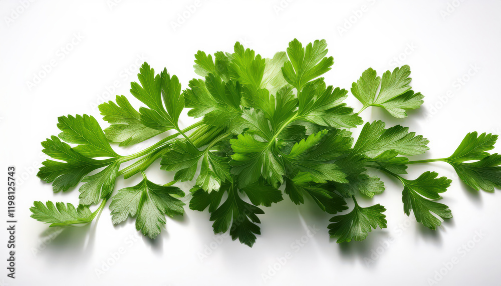 A scatter of fresh parsley leaves with intricate details, their vibrant green hues and fine textures clearly visible against a clean white background, showcasing the freshness and beauty of the herb.
A scatter of fresh parsley leaves with intricate details, their vibrant green hues and fine textures clearly visible against a clean white background, showcasing the freshness and beauty of the herb.