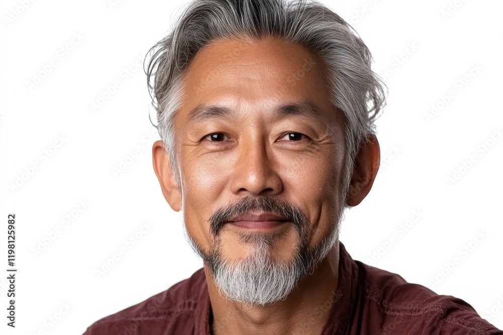 Captivating portrait of a mature man with silver hair smiling warmly against a plain background Captivating portrait of a mature man with silver hair smiling warmly against a plain background