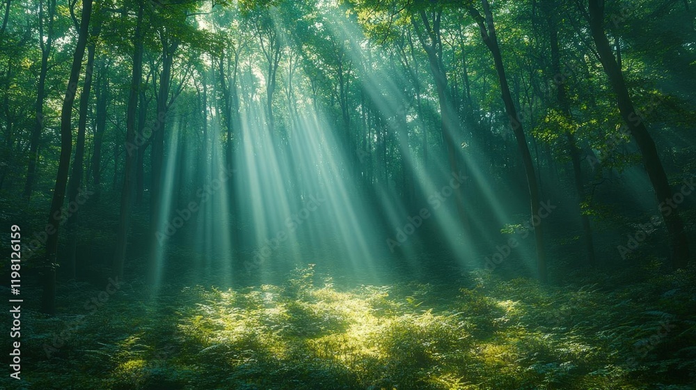 Obraz premium Sunbeams Illuminate Lush Forest Floor, Creating a Magical and Peaceful Atmosphere