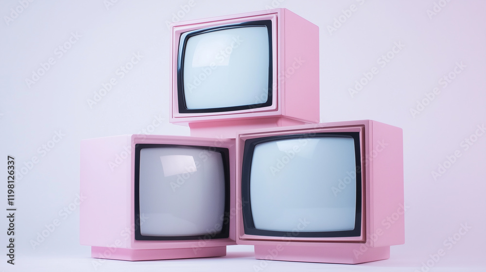 Group of Stylish Pink Retro Televisions with Blank Screens Shown in a Minimal Setting