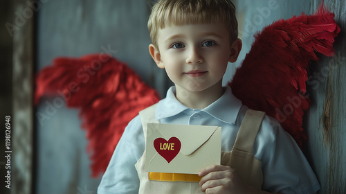 Child with angel wings holding love letter in a dreamy setting photo