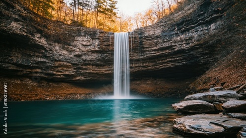 Majestic waterfall cascading into a serene turquoise pool, surrounded by autumnal foliage and rocky cliffs.