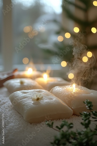 Soft candlelight illuminates a serene wellness retreat with soothing scents and tranquil ambiance photo