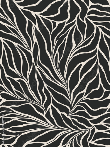 Seamless black and grey floral background with leaves. Hand drawn minimal abstract organic shapes pattern. Vector black abstact pattern with grey leaves and flowers.