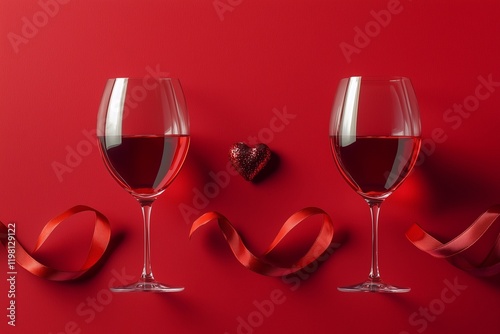 Top view Valentinea??s Day decorations: red curly ribbon and small heart between two wine glasses on a red background photo