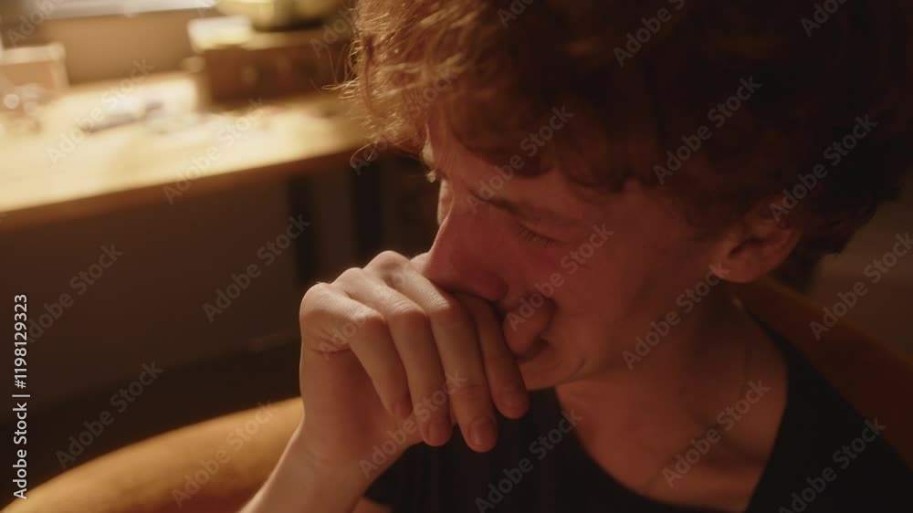 Despaired young man sitting in sunlit room, crying and wiping tears from his face in moment of sadness or depression. Close-up shot
