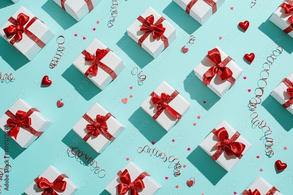 Top view Valentine's Day decorations: white gift boxes with red bows, small hearts, curly ribbons, and sequins on a pastel blue background Top view Valentine's Day decorations: white gift boxes with red bows, small hearts, curly ribbons, and sequins on a pastel blue background