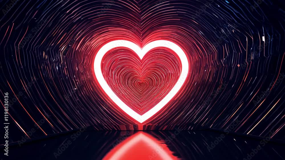 Zoom in on a red heart icon with fine lines, forming a complex geometric pattern on a dark, reflective surface, rim light, bright outline defines the shape