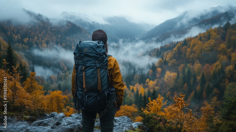 Hiker in a yellow jacket stands atop a mountain ridge, overlooking a misty autumnal forest with clouds rolling over distant mountains Hiker in a yellow jacket stands atop a mountain ridge, overlooking a misty autumnal forest with clouds rolling over distant mountains
