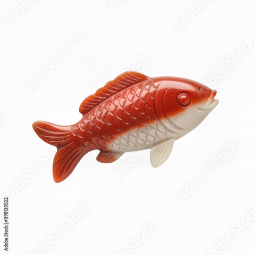 side view of carved red and white jade stone fish sculpture - isolated white background photo