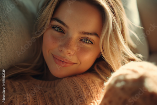 Close-up Portrait: Stunning Blonde Woman, Radiant Beauty, Captivating Gaze, Elegant and Serene      