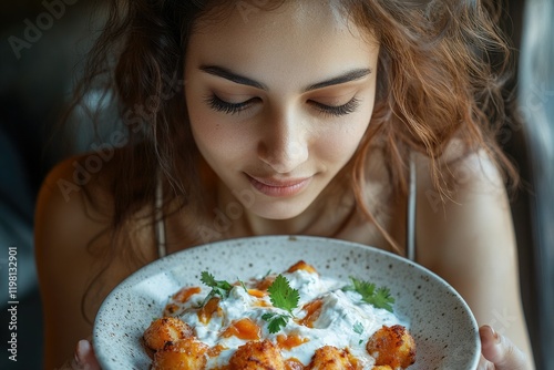 A young woman with long brown hair smells a plate of delicious gnocchi with creamy sauce and herbs.
