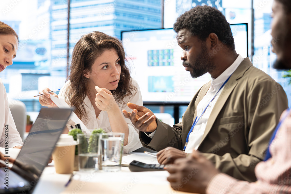 Obraz premium Forecast affiliates using infographics reports on files to review the progress, collaborating to increase sales for business development. Team presents data driven insights to general manager.