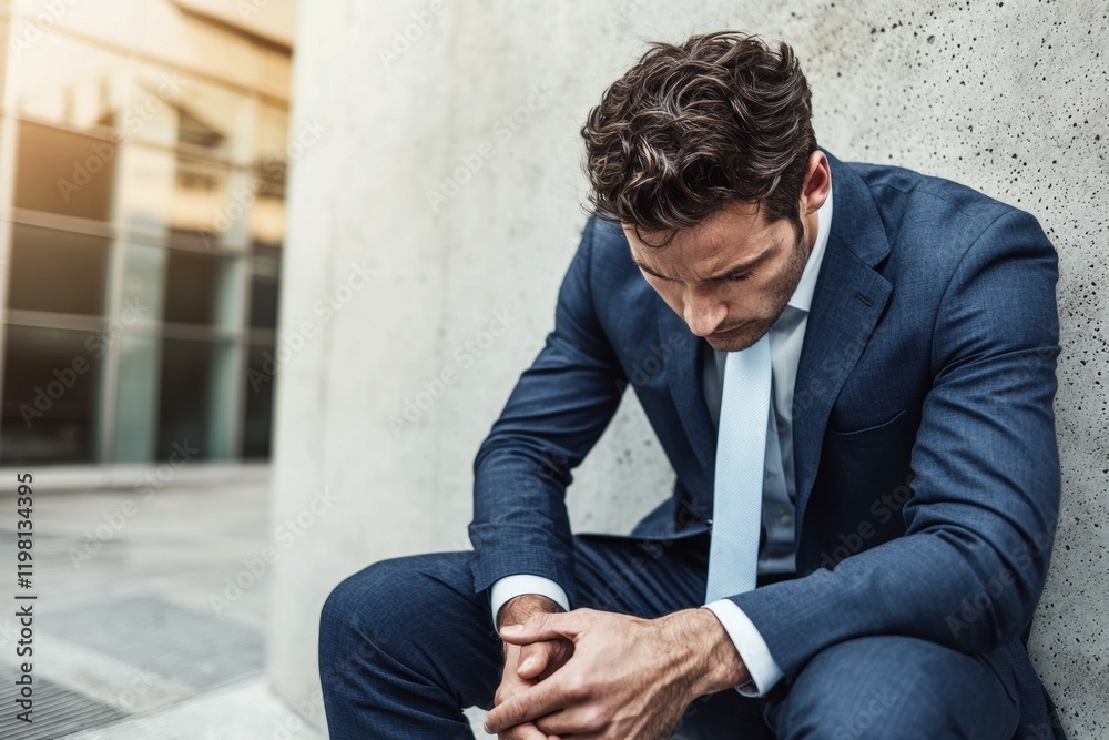 Man in a suit is sitting on the ground and looking down Man in a suit is sitting on the ground and looking down