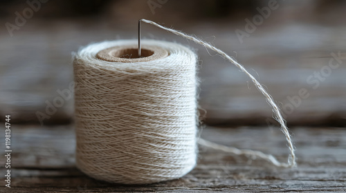 Close-up of a spool of beige thread with a needle, resting on a rustic wooden surface.