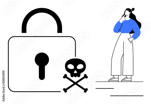 Giant padlock, skull-and-crossbones, and pondering figure suggest risks and security concerns. Ideal for cybersecurity, data protection, caution, decision-making, awareness, threat management