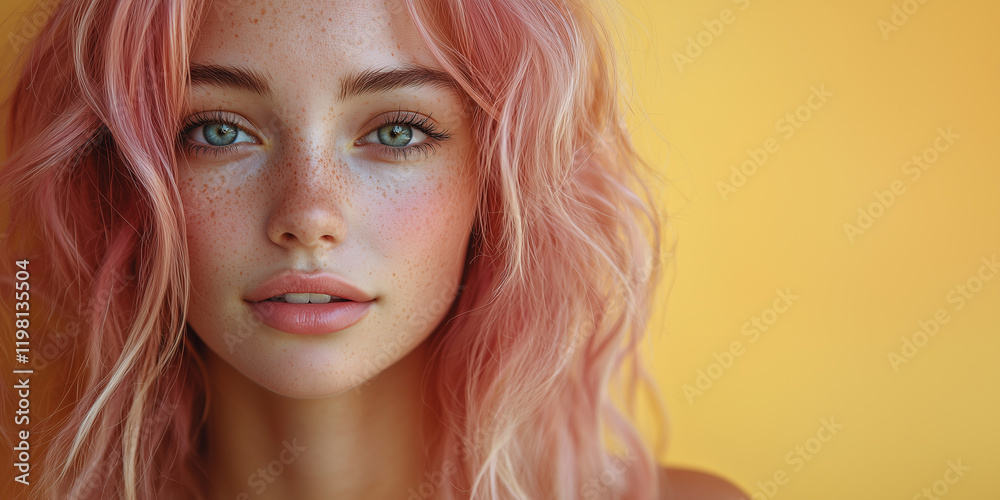 Fototapeta premium a realistically beautiful girl , beautifully styled hair, place for text, yellow and pink, pastels colors background