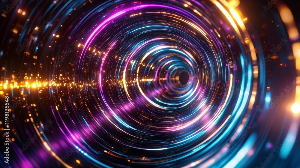 Abstract circular swirl of colorful neon light streaks in a blurred style, resembling a glowing turbine under a party vibe Abstract circular swirl of colorful neon light streaks in a blurred style, resembling a glowing turbine under a party vibe