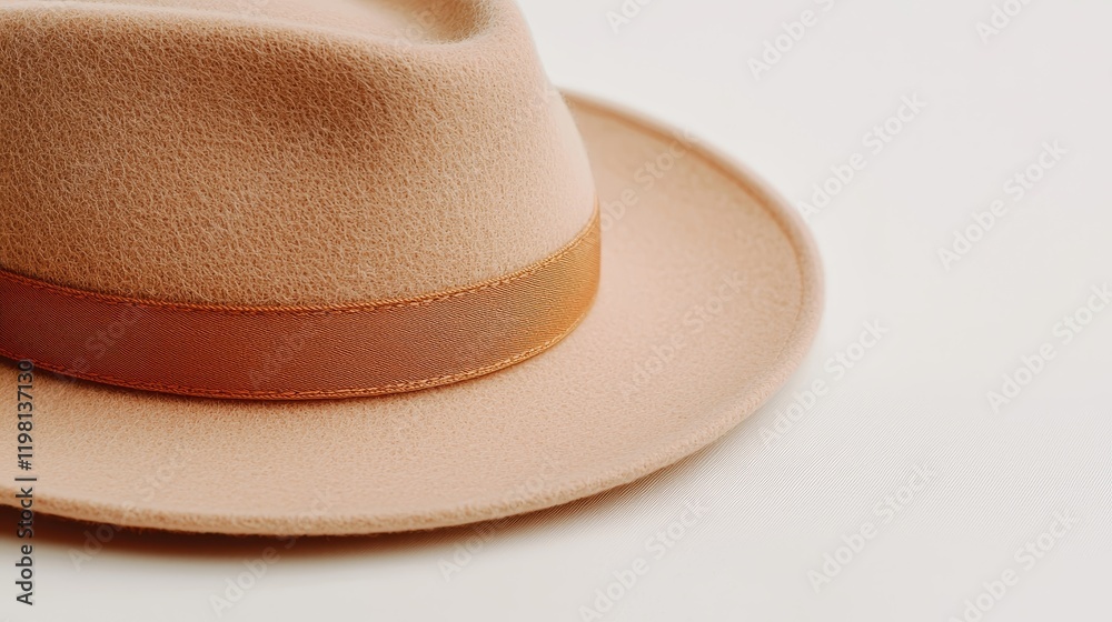 High-quality close-up of a beige wide-brimmed hat, its felt material finely rendered with smooth contours, isolated on a white surface High-quality close-up of a beige wide-brimmed hat, its felt material finely rendered with smooth contours, isolated on a white surface
