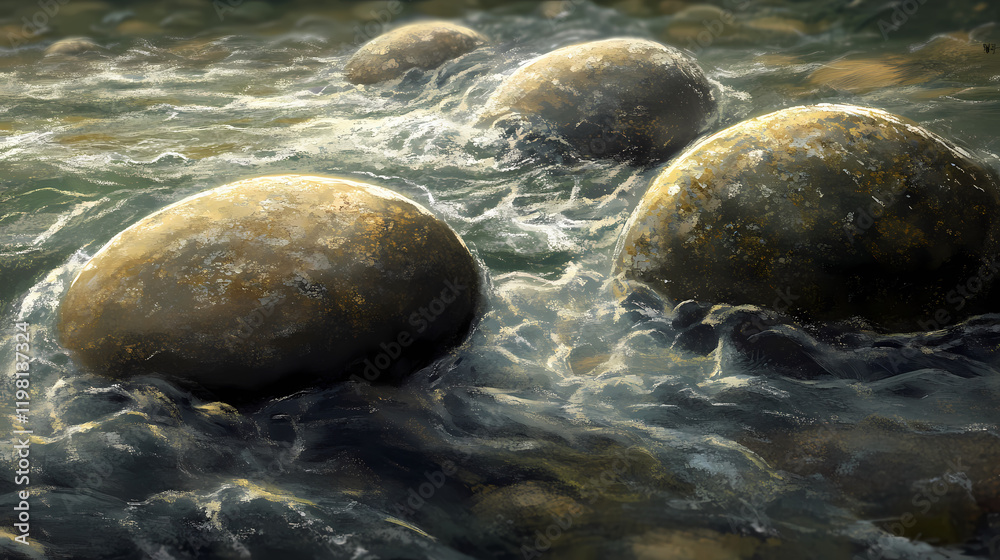 Fototapeta premium Smooth river stones amidst flowing water, creating a tranquil natural scene. Riverstone. Illustration