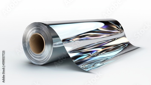 Horizontal view of a roll of clear cling film with reflective highlights, neatly displayed on an isolated white background photo