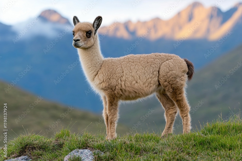 Baby llama stands on a grassy hillside in front of a mountain range Baby llama stands on a grassy hillside in front of a mountain range