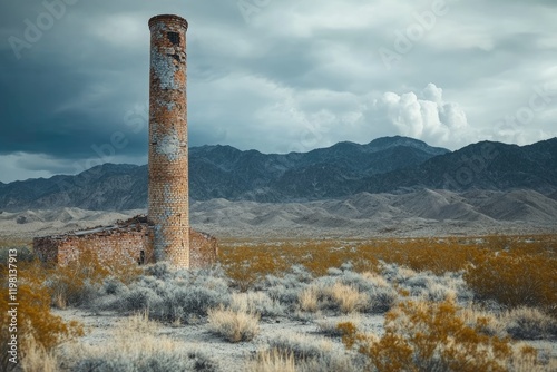 A lone, weathered brick chimney stands as a silent testament to a forgotten past amidst a vast, arid desert landscape under a brooding sky. photo