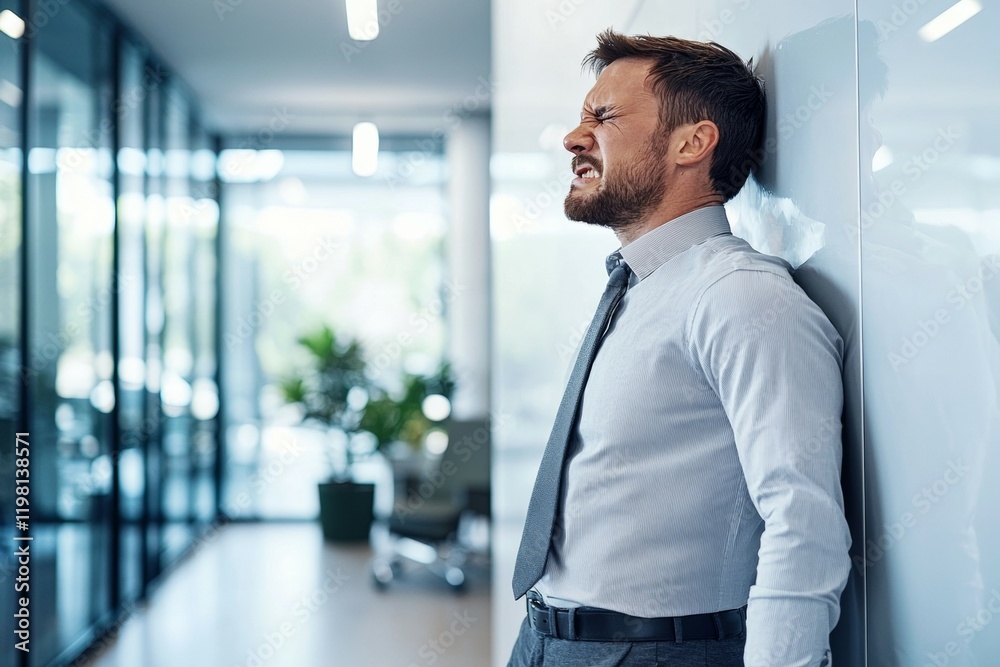 Man in a business suit is in pain and leaning against a wall Man in a business suit is in pain and leaning against a wall