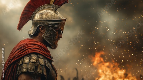 Spartan warrior in full armor, at the battlefield, atmospheric war scene in the background with fire and sparkles
