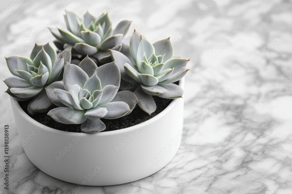 Four Echeveria succulents in a white pot on a marble surface. Four Echeveria succulents in a white pot on a marble surface.