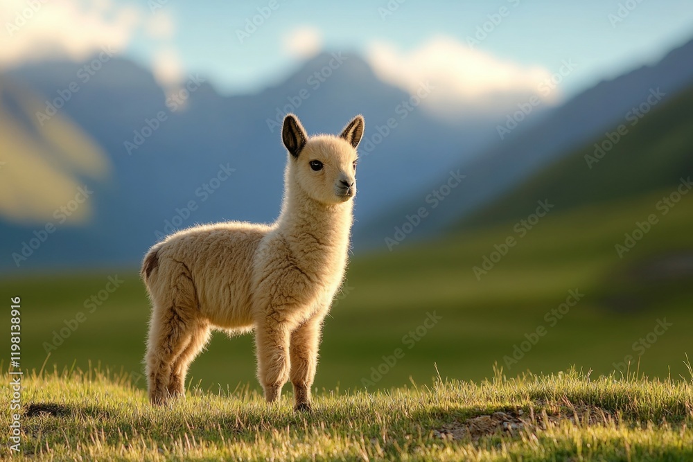 Fototapeta premium Baby llama stands in a grassy field with mountains in the background
