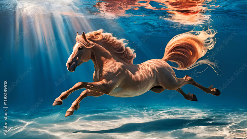 stunning art with red horse diving in ocean and bathing in sun rays. Digital artwork. Ai generated