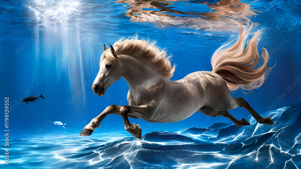 stunning art with beautiful creamy horse diving in ocean and bathing in sun rays. Digital artwork. Ai generated