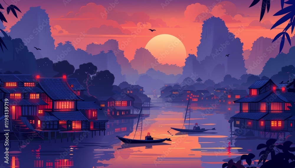 A tranquil scene of a village nestled between mountains with a river running through it, bathed in the warm glow of a setting sun. A tranquil scene of a village nestled between mountains with a river running through it, bathed in the warm glow of a setting sun.