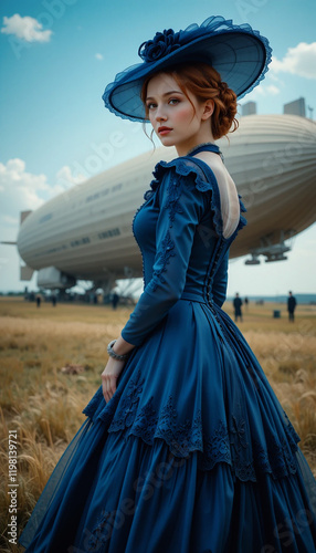 Historical Reconstruction: Aristocratic Girl in Blue with Airship Backdrop