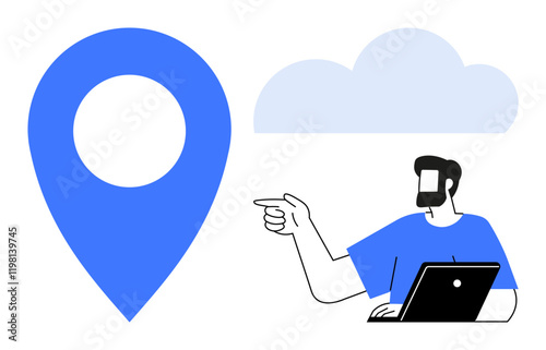 Blue location pin and cloud with male figure pointing while using a laptop. Ideal for tech navigation, business direction, cloud services, remote work, online collaboration, digital marketing