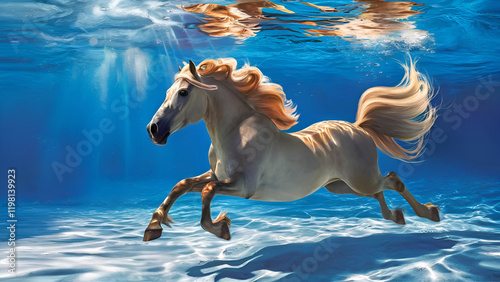 stunning art with horse diving  in  ocean and bathing in sun rays. Digital artwork. Ai generated