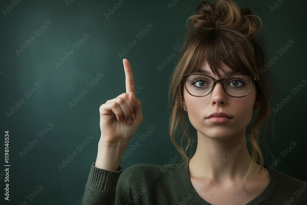 Eureka! Young woman has an idea, insightful moment, finger up, creative genius, bright expression,  