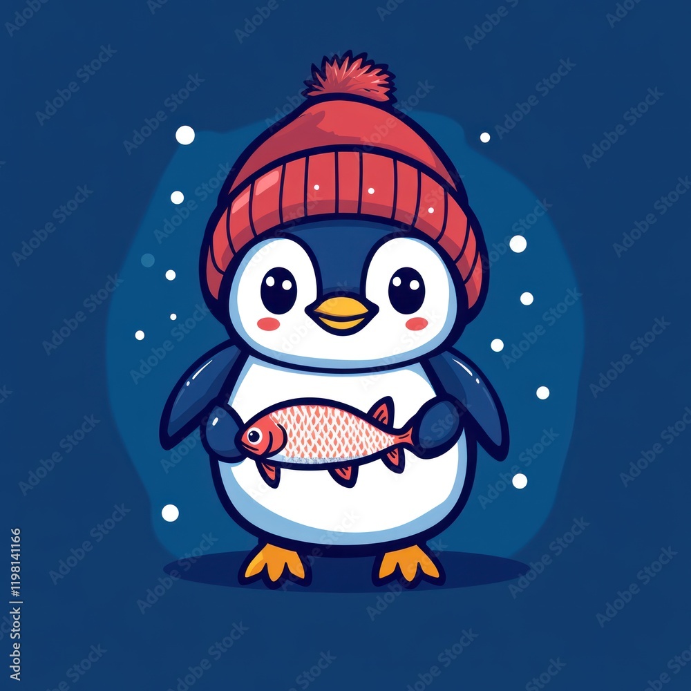 Cute penguin in winter hat holding fish, snowy background; kids' book illustration Cute penguin in winter hat holding fish, snowy background; kids' book illustration