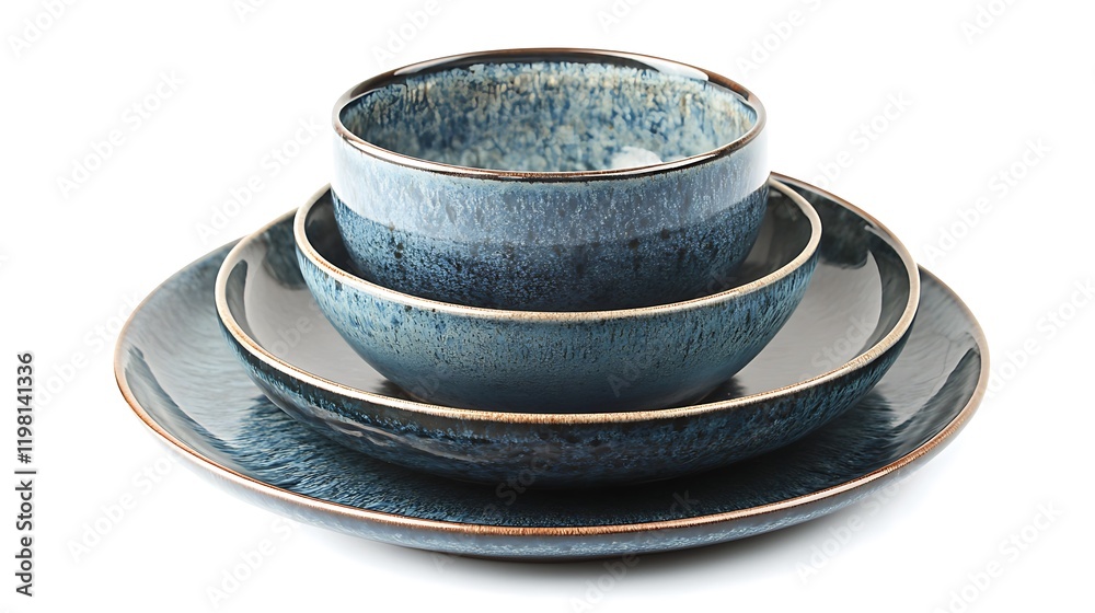 Stacked blue ceramic bowls and plates on white Stacked blue ceramic bowls and plates on white