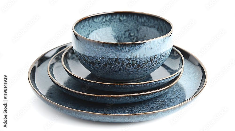 Stacked blue ceramic bowls and plates, studio shot, white background, tableware Stacked blue ceramic bowls and plates, studio shot, white background, tableware