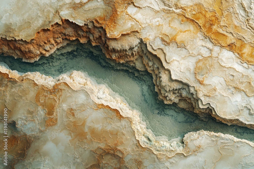 Aerial view of a geological formation with layered, textured rock and a central crevice filled with teal water. Aerial view of a geological formation with layered, textured rock and a central crevice filled with teal water.
