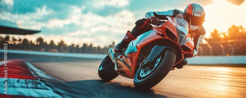 High-Speed Motorcycle Racing Action on a Curved Track at Sunset Showcasing Extreme Skill and Precision on a Powerful Sports Bike