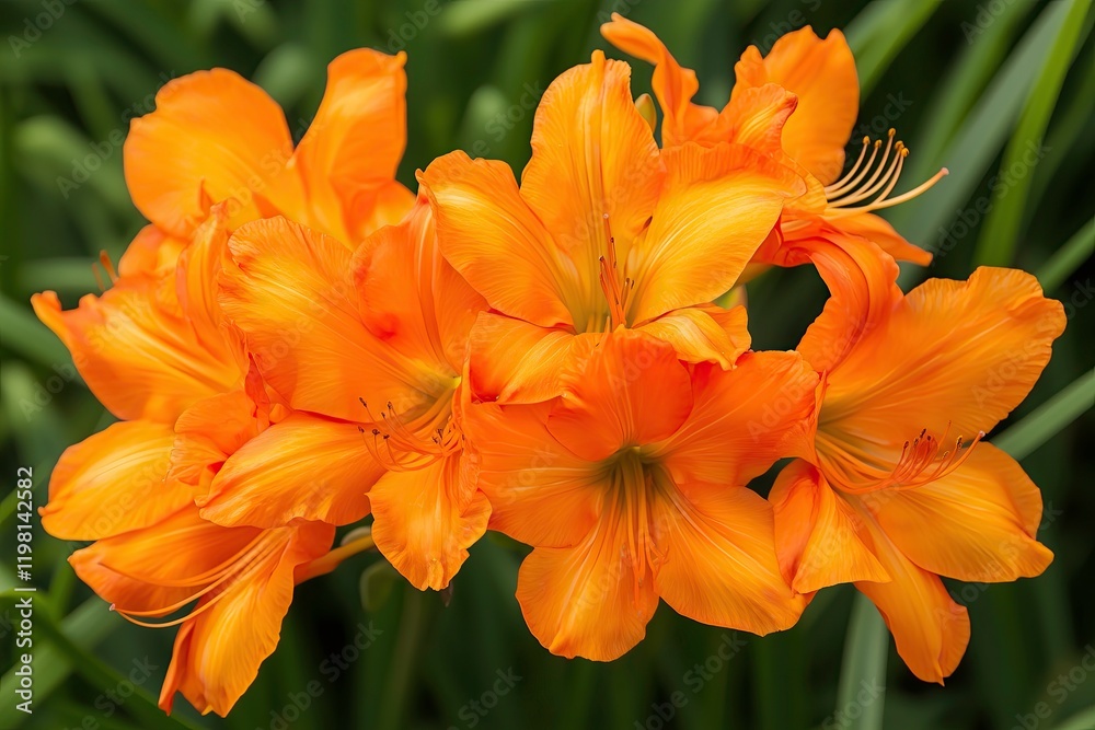 Cluster of vibrant orange flowers in green foliage Cluster of vibrant orange flowers in green foliage
